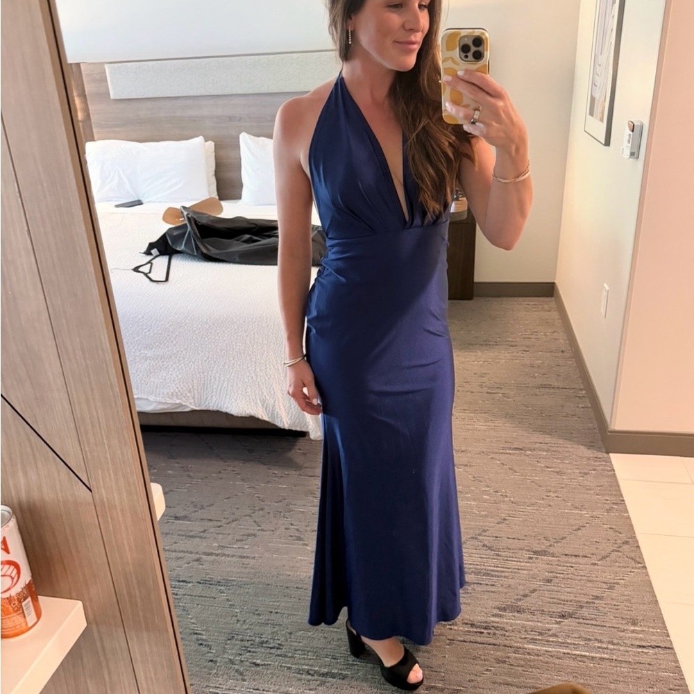 Backless Navy Halter Evening Dress - Women